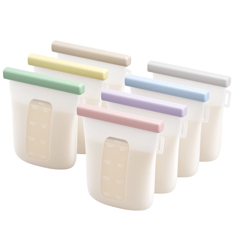 Nuliie 7 Pcs Silicone Breastmilk Storage Bags Reusable, 8oz/240ml Double Leak-Proof Breastmilk Freezer Bags, BPA Free Self-Standing Milk Bags for Breastfeeding, Baby Food Pouches - Image 1